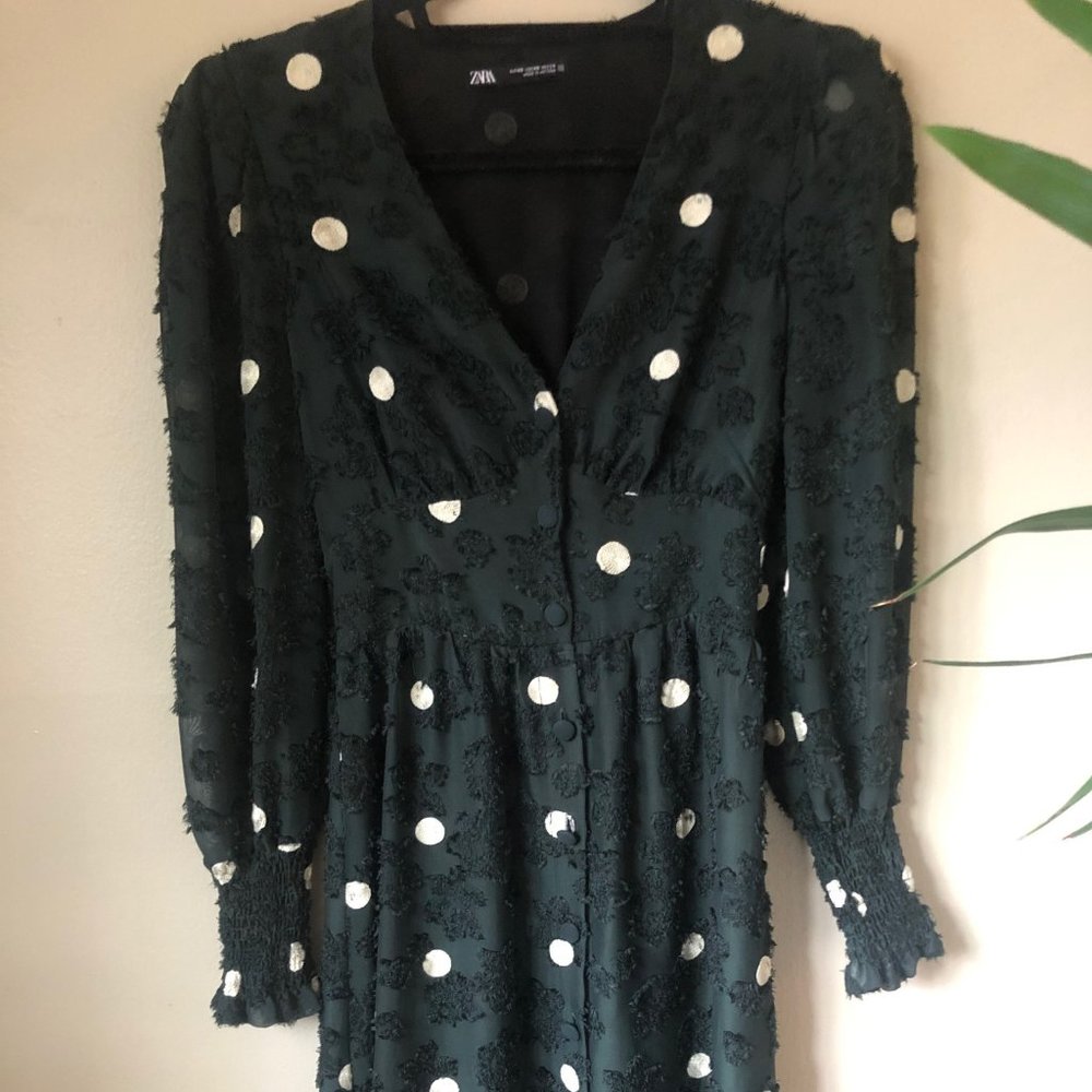 Zara Green Textured Polka Dot Dress